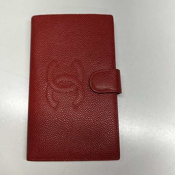 Chanel Wallet Interlocking CC Logo Caviar Leather Long Bifold Folding Red Gold - Picture 3 of 14